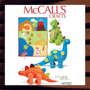 Sewing Pattern for Childrens Dinosaur Toys & Quilt - Soft Sculpt Toys, 43&quot;H x 31 1/2&quot;W Applique Quilt - UNCUT F/F - OOP McCalls 7553 M7553