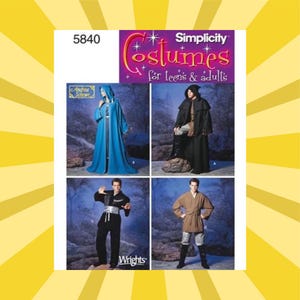 May include: Simplicity Costumes pattern for teens & adults. The pattern features four costume designs: a blue hooded robe, a black hooded cloak, a black outfit with a white sash, and a brown robe with a belt. The pattern number is 5840.
