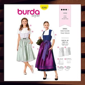Sewing Pattern  for Young Womens Dirndl-Style Jumper Dress -  Size 8 10 12 14 16 18 In 2 Lengths w/Blouse & Apron - UNCUT F/F - Burda 6268