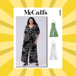 May include: McCall's M8457 sewing pattern featuring a jumpsuit design. The pattern includes a photo of a woman wearing a black and white patterned jumpsuit with a tie waist. Additional illustrations show a green and white jumpsuit design.