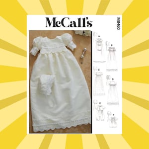 May include: A white baby christening gown and bonnet set with lace trim, displayed on a McCall's pattern. The gown features short, puffed sleeves and a scalloped neckline. Additional pattern options are shown on the right.