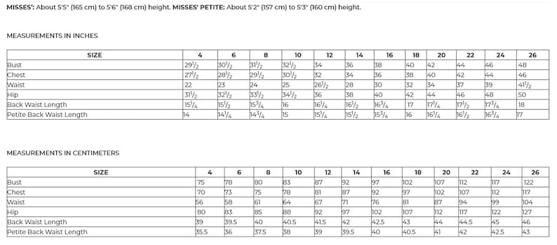 May include: A detailed clothing size chart, displaying measurements in both inches and centimetres. The chart provides bust, chest, waist, and hip measurements, with sizes from 4 to 26. Back waist and petite back waist lengths are also included.