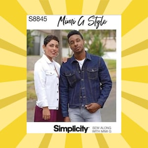 May include: Image of a sewing pattern featuring two people wearing denim jackets. The pattern is labeled "S8845 Mimi G Style" and includes the Simplicity logo. The background is a yellow burst design.