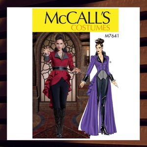 May include: McCall's Costumes sewing pattern M7641 for a purple and red costume with a long jacket and a ruffled skirt. The pattern includes instructions for making a costume with a long jacket, a ruffled skirt, and a belt.