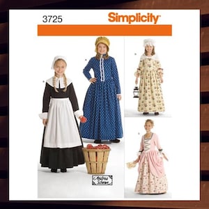 May include: Simplicity sewing pattern number 3725 for three different historical costumes for girls. The pattern includes a blue and white polka dot dress, a yellow and white floral dress, and a pink and white dress with a white lace trim.