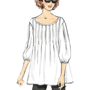 May include: Illustration of a white tunic top with vertical pleats and three-quarter sleeves. The top has a scoop neckline and a slightly flared shape. The model is wearing black sunglasses and black trousers.