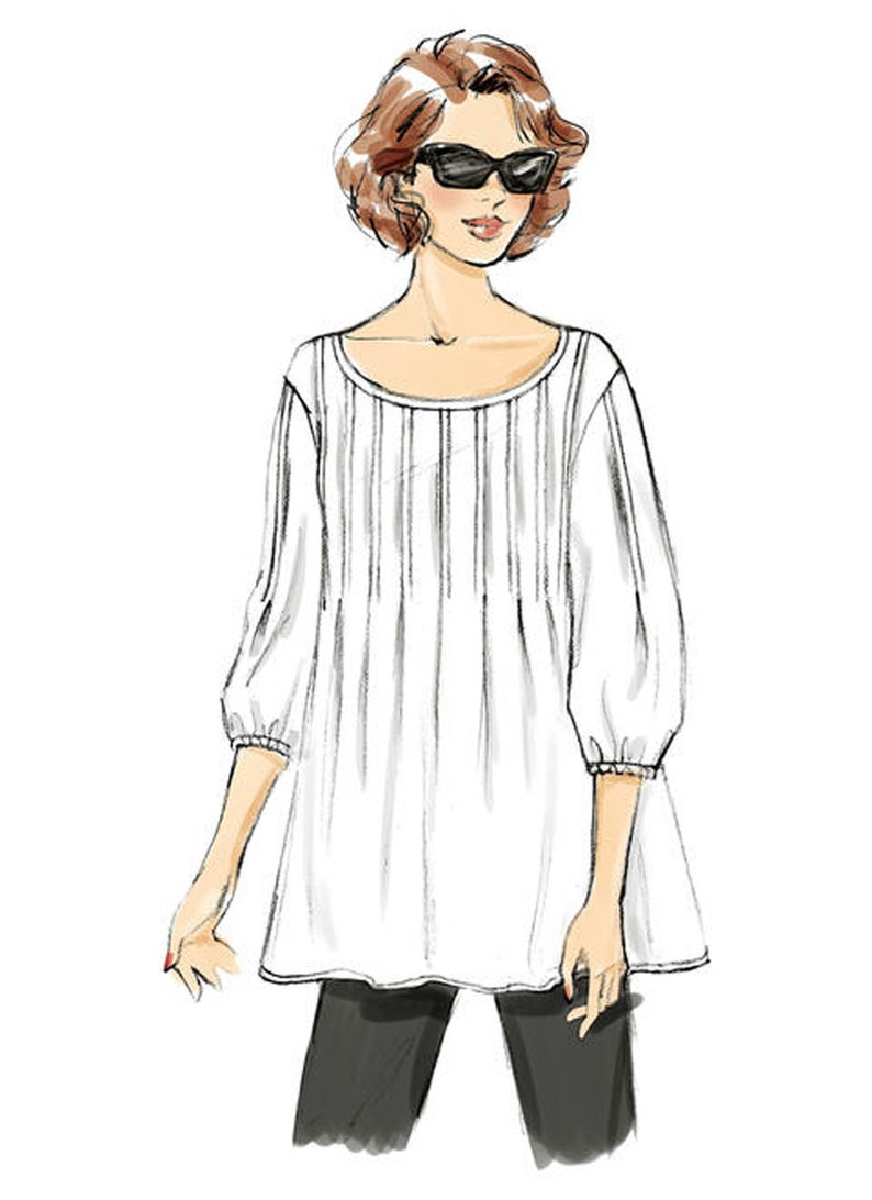 May include: Illustration of a white tunic top with vertical pleats and three-quarter sleeves. The top has a scoop neckline and a slightly flared shape. The model is wearing black sunglasses and black trousers.