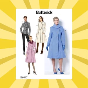 May include: A Butterick sewing pattern featuring illustrations of women's coats and jackets in various styles. The pattern includes a light blue coat, a gray jacket, a white coat, and a pink coat. The pattern number B6497 is visible.