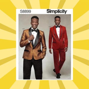 May include: Simplicity S8899 pattern featuring two men's formal suits. One suit is a gold patterned blazer with black lapels and black pants. The other is a red suit with black lapels. Both suits include a bow tie and white dress shirt.