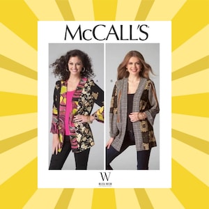 May include: McCall's sewing pattern featuring two women modeling different kimono-style jackets. The jackets have floral and geometric patterns in black, brown, and gold. The pattern includes the designer's name, Melissa Watson.