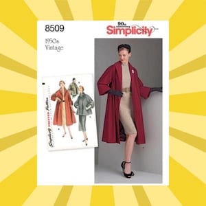 May include: A Simplicity 8509 1950s vintage sewing pattern envelope featuring illustrations of a long coat and a shorter jacket. The cover displays the Simplicity 90th anniversary logo and shows a model wearing a deep red coat over a beige dress.