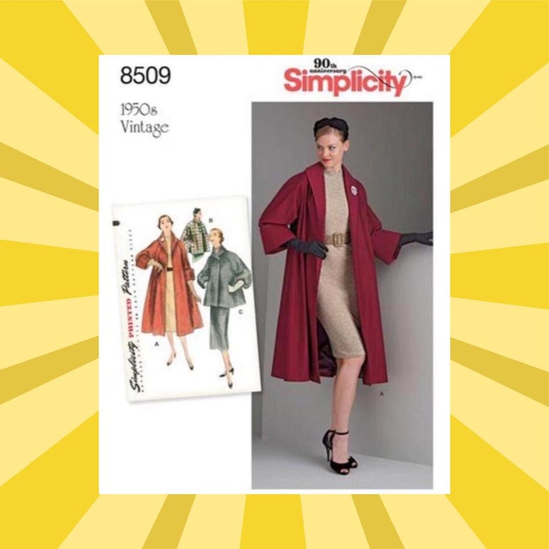 May include: A Simplicity 8509 1950s vintage sewing pattern envelope featuring illustrations of a long coat and a shorter jacket. The cover displays the Simplicity 90th anniversary logo and shows a model wearing a deep red coat over a beige dress.