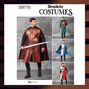 May include: Simplicity Costumes sewing pattern S9775 for a medieval knight costume. The pattern includes four different costume options, including a red and gold tunic with a cape, a green tunic, a blue and white tunic with a cape, and a red and yellow tunic. The pattern is designed and printed in the USA.