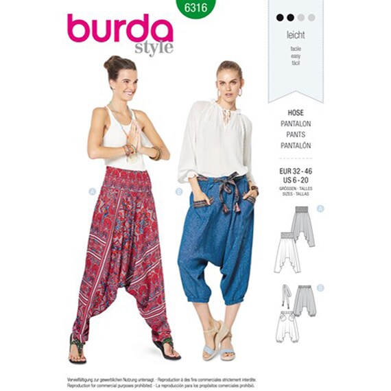 Burda 6316 Sewing Pattern for Womens Pants, Harem Pants in 2 Easy