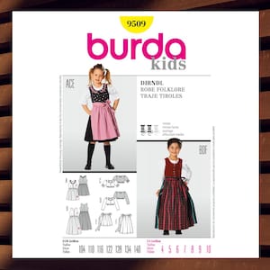 Sewing Pattern for Childrens Dirndl Costume - Size 4 5 6 7 8 9 10 Ankle or Knee Length Jumper & Apron with Blouse - UNCUT F/F - Burda 9509