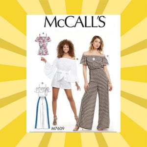 May include: McCall's sewing pattern featuring off-the-shoulder jumpsuits and rompers. The pattern includes illustrations of the finished garments, with a white romper, a striped jumpsuit, and a floral print romper. The pattern number is M7609.