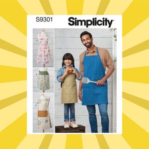 May include: A Simplicity S9301 sewing pattern envelope featuring illustrations of three different apron styles. The main image shows a child wearing a tan apron and an adult wearing a blue apron, both holding kitchen utensils in a studio setting.