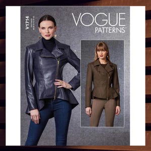 May include: Vogue Patterns sewing pattern for a fitted, asymmetrical jacket with a zipper closure. The pattern includes two views: one in black leather and one in brown tweed. The pattern number is V7114.