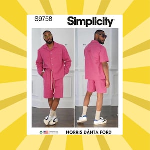 May include: Simplicity pattern S9758 features a pink linen shirt and shorts set. The pattern includes both long-sleeve and short-sleeve shirt options. The design is by Norris Dánta Ford. The image shows a model wearing the finished garment.