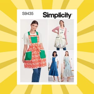 May include: Simplicity S9435 sewing pattern featuring aprons and dresses. The image shows a woman wearing a red apron with green pockets and a white apron with a black trim. The pattern also includes two dress designs. The background is yellow.