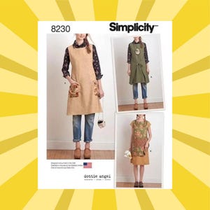 May include: Simplicity sewing pattern 8230 featuring aprons. The pattern includes multiple apron designs, showcasing various styles and fabric combinations. The aprons have pockets and decorative details. The image includes the text "dottie angel".