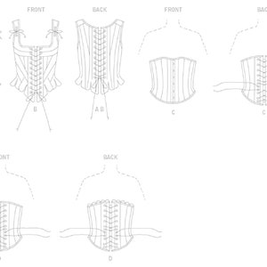 Op de afbeelding: Lijntekeningen van vier verschillende corsetontwerpen. De voor- en achteraanzichten van elk corset worden getoond. Corsetten A en B hebben een vierkante halslijn en strikbanden. Corset C heeft een ronde halslijn en knoopsluitingen. Corset D heeft een veterrug.