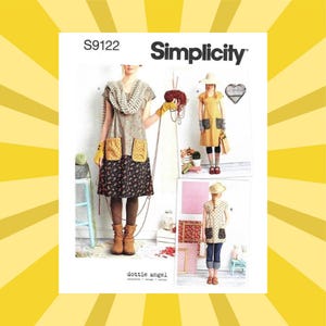 May include: Simplicity sewing pattern S9122 featuring three dress designs. The dresses have short sleeves, pockets, and varying skirt patterns. The pattern includes the text "dottie angel" and is set against a yellow and white background.