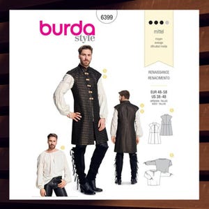 Sewing Patterns for Mens Renaissance Costume - Shirt and Waistcoat - Size 38 40 42 44 46 48 - UNCUT F/F - Burda 6399