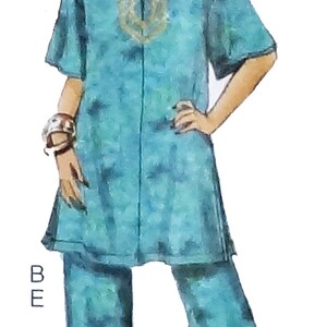 May include: A teal blue tunic top with a gold embroidered neckline and matching pants. The outfit has a tie-dye pattern.