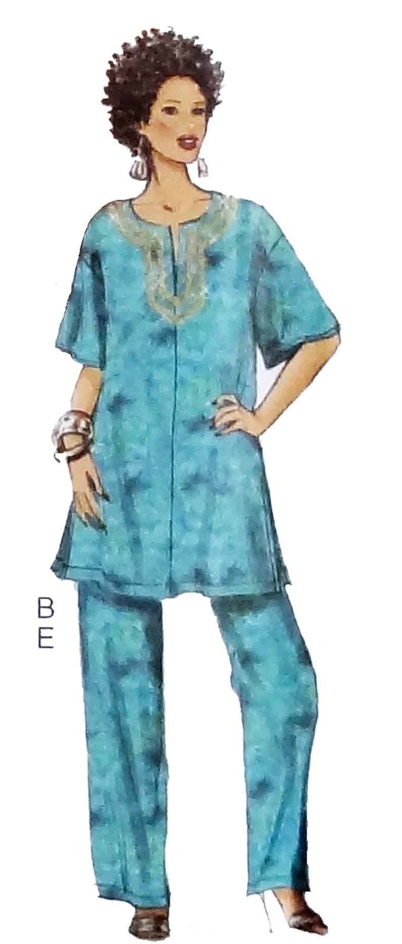 May include: A teal blue tunic top with a gold embroidered neckline and matching pants. The outfit has a tie-dye pattern.