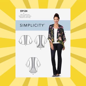 May include: Simplicity sewing pattern S9124 for a kimono-style jacket. The pattern includes size options and illustrations of the jacket design. The image also shows a woman wearing a floral kimono jacket with dark jeans.
