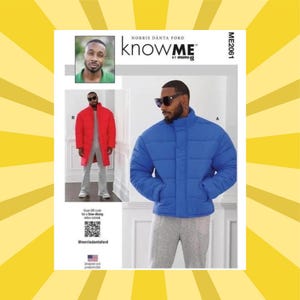 May include: A sewing pattern by Mimi G, labelled "KNOWME", showcasing a man in a red coat and a blue puffer jacket. The pattern includes the designer's name, Norris Danta Ford, and a QR code for a sew-along video.