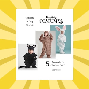May include: Simplicity Costumes pattern S9840 for kids, sizes 3-8. The image shows three children in animal costumes: a bear, a bunny, and a black cat. The text reads "5 Animals to choose from."