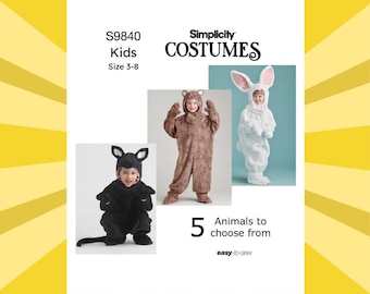 Easy Sewing Pattern for Childrens Animal Costumes - Size 3-8 Full Body Bunny, Bear, Cat, Lion, Kangaroo - UNCUT F/F - Simplicity 9840 S9840