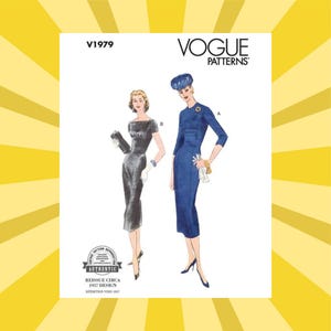 May include: Vogue Patterns sewing pattern featuring two vintage dress designs. The image shows illustrations of a black dress and a blue dress, both with elegant silhouettes. The text reads "REISSUE CIRCA 1957 DESIGN".