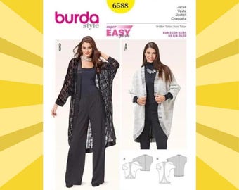 Patrón de costura muy fácil para chaqueta kimono de mujer - Tallas 6, 8, 10, 12, 14, 16, 18, 20, 22, 24, 26 y 28 (EUR 32-54) - Sin cortes - Burda 6588