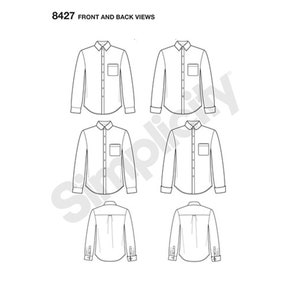 May include: Line drawing of a button-down shirt, front and back views. The shirt has a collar, a chest pocket, and long sleeves with buttoned cuffs. The text "8427 FRONT AND BACK VIEWS" is at the top.