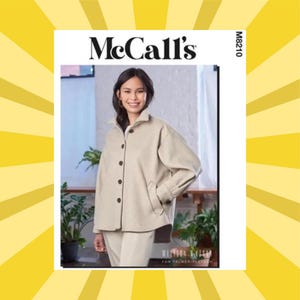 May include: A sewing pattern envelope for a McCall's M8210 jacket. The cover features a beige button-down jacket with a collar, long sleeves, and side pockets. The text on the envelope includes McCall's, M8210, and Melissa Watson for Palmer/Pletsch.