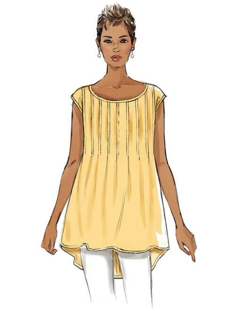 May include: Illustration of a yellow tunic top with vertical pleats on the bodice and a rounded neckline. The top has short sleeves and an asymmetrical hemline. The model is wearing white trousers.