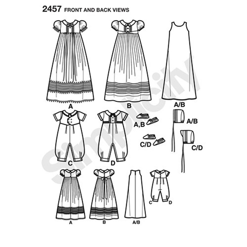 Patron Simplicity 2457/S2457 pour robe de baptême pour bébé Taille XXS-XS-S-M jusqu'à 21 livres Combi-short, bonnets et chaussures NOUVEAUTÉ sans coupure F/F image 8