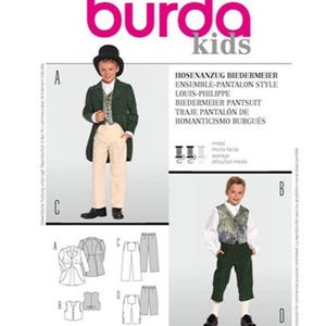 May include: Burda Kids sewing pattern 9528 for a Biedermeier style pantsuit. The envelope displays two variations: a long green coat with a patterned vest and cream trousers, and a patterned vest with green knee-length pants and white socks.
