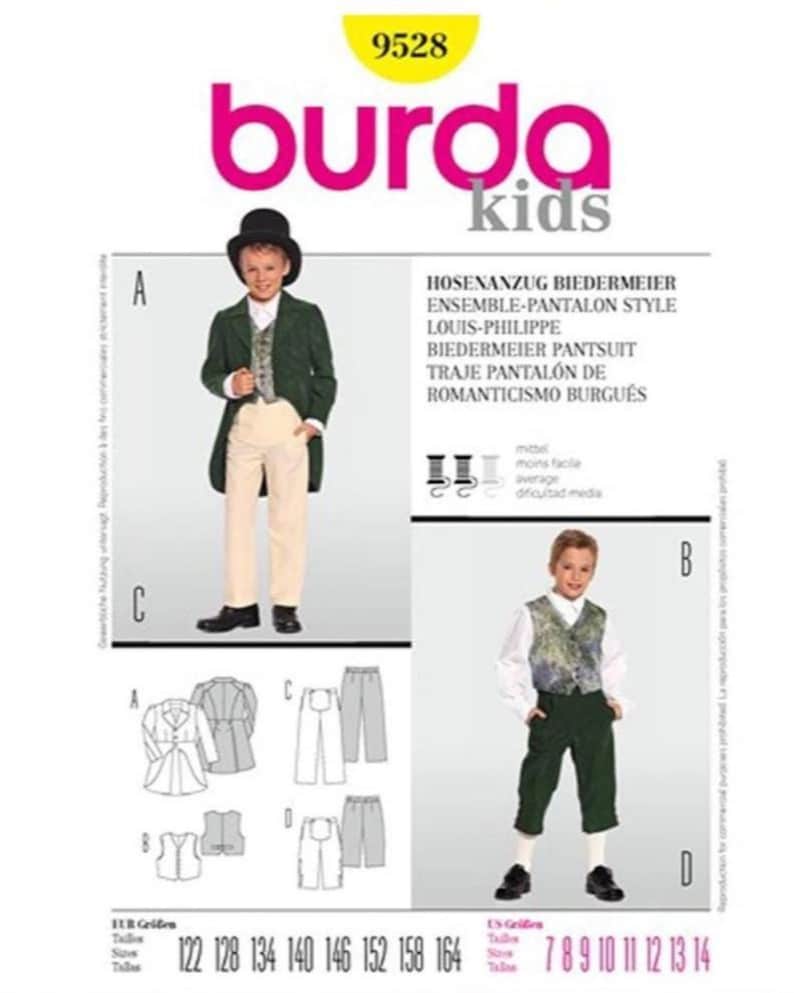 May include: Burda Kids sewing pattern 9528 for a Biedermeier style pantsuit. The envelope displays two variations: a long green coat with a patterned vest and cream trousers, and a patterned vest with green knee-length pants and white socks.