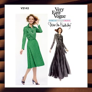 May include: Vogue sewing pattern featuring two dress designs. One dress is green with a collared neckline, long sleeves, and a belted waist. The other dress is black with a similar design. The pattern is labeled "Very Easy Vogue" and includes the designer's signature.