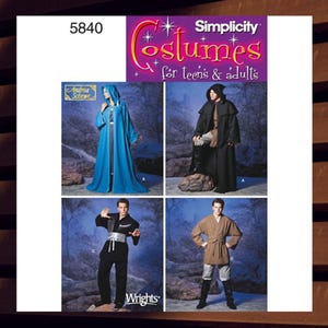 May include: Simplicity Costumes sewing pattern number 5840 for teens and adults. The pattern includes four different costumes: a blue hooded robe, a black hooded cloak, a black pantsuit with a belt, and a brown robe with a belt.