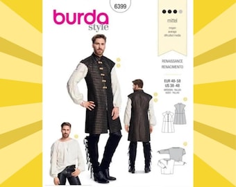 Sewing Patterns for Mens Renaissance Costume - Shirt and Waistcoat - Size 38 40 42 44 46 48 - UNCUT F/F - Burda 6399