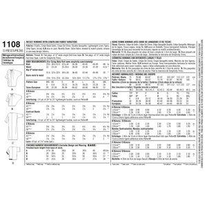 May include: A sewing pattern instruction sheet for Simplicity 1108, featuring technical diagrams for four kimono styles labeled A, B, C, and D. The document includes detailed body measurement charts, fabric requirements in yards, and garment sizing.