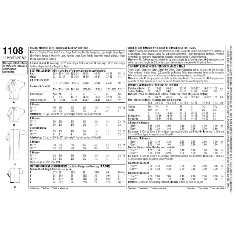 May include: A sewing pattern instruction sheet for Simplicity 1108, featuring technical diagrams for four kimono styles labeled A, B, C, and D. The document includes detailed body measurement charts, fabric requirements in yards, and garment sizing.