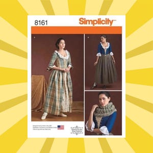 May include: Simplicity pattern 8161 featuring historical American Duchess designs. The pattern includes instructions for creating a colonial-era dress with a plaid pattern, a blue bodice with a brown skirt, and a knitted scarf. The pattern is printed in the USA.