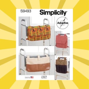 May include: Simplicity pattern S9493 for adaptive walker bags. The image shows four different bag designs attached to walkers. The bags feature various colors and patterns, including a geometric print, solid red, tan and brown, and a leopard print.