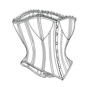 Op de afbeelding: Zwart-wit illustratie van een korset. Het korset heeft verticale strepen, een rij knopen en decoratieve afwerking. Het ontwerp is klassiek en vintage, doet denken aan historische onderkleding.